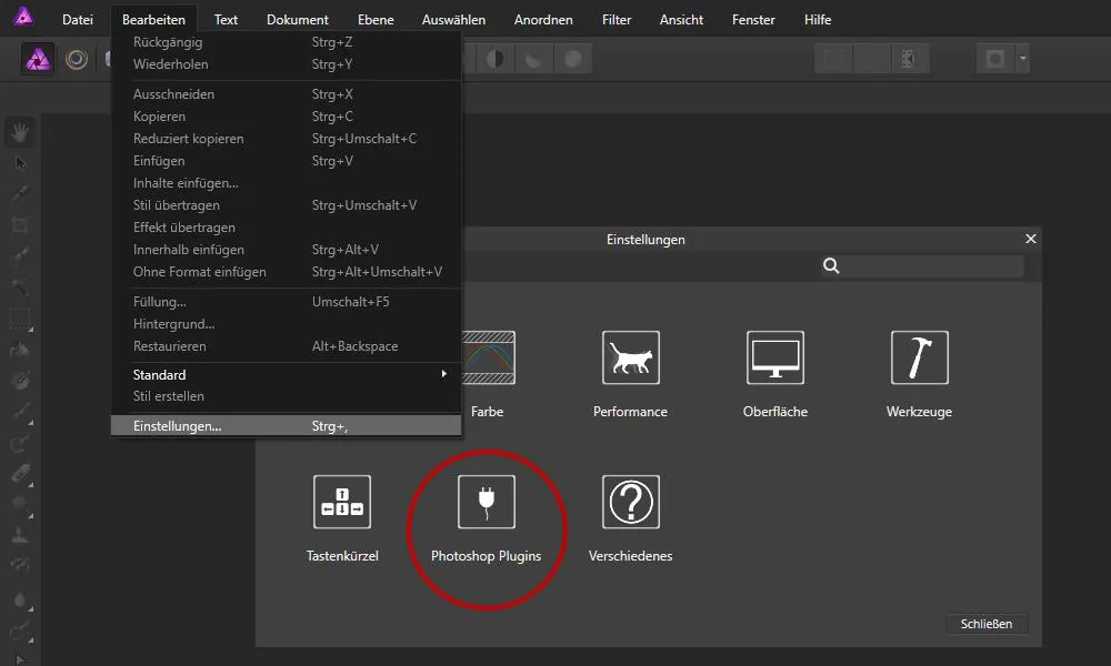 Affinity Photo: Photoshop Plugins hinzufügen