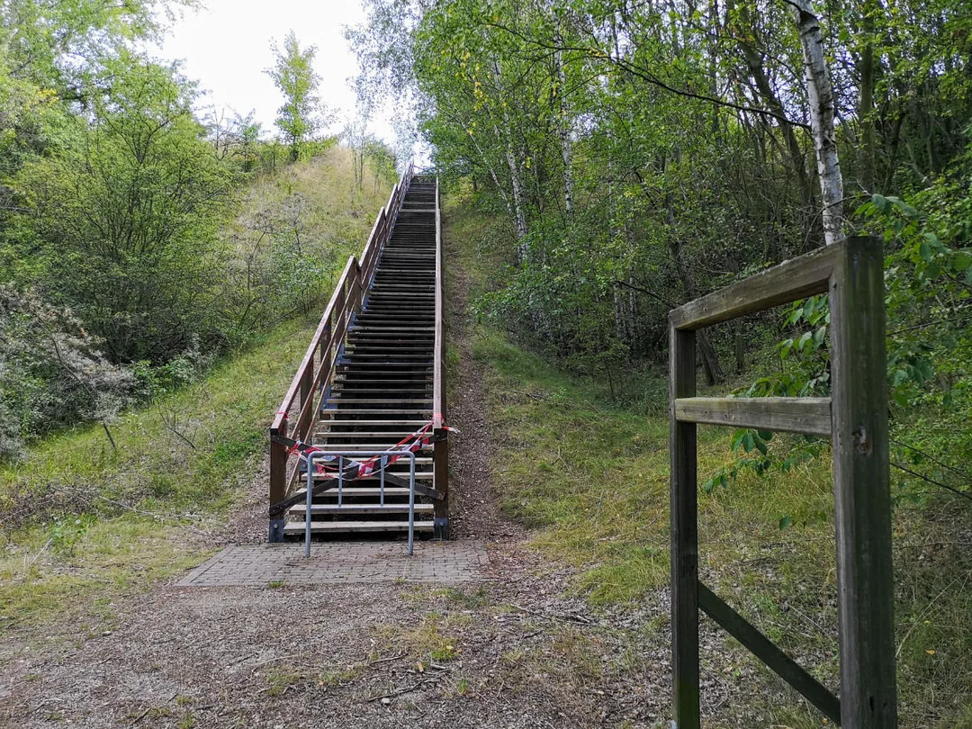 Geiseltalsee: Parkplatz am Aussichtsturm mit Holztreppen-Aufstieg