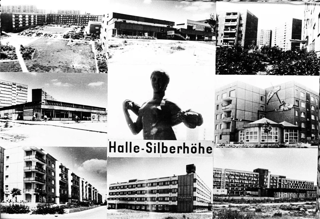Handgemachte Postkarte aus 9 Einzelbildern der Halle Silberhöhe von 1986, gestaltet von Dr. Hartmut Leipziger