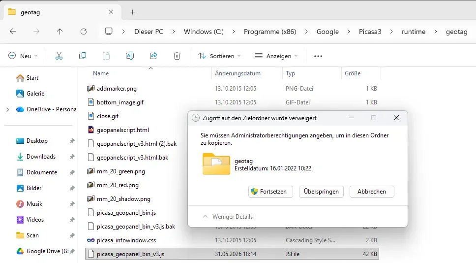 Windows-Sicherheitsabfrage beim Kopieren der neuen Geotag-Dateien in den Picasa3-runtime-geotag-Ordner