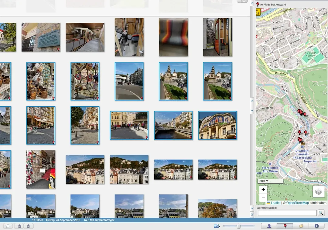 Picasa 3 Geotag-Ansicht mit OpenStreetMap-Karte und Fotos aus Karlovy Vary, nach dem Fix von März 2026
