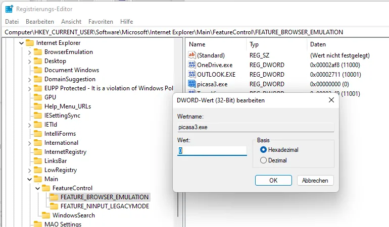 Registry-Eintrag picasa3.exe für die Picasa-3-Kartenanzeige unter Windows 11