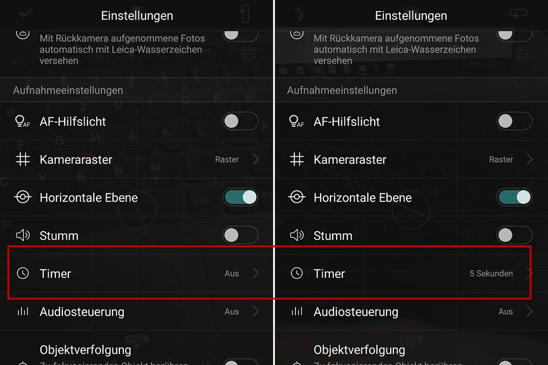 Timer-Einstellung an der Huawei P9 Foto-App