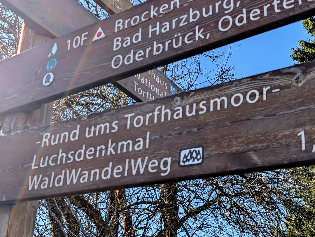Wanderwegweiser am Torfhaus mit Beschriftung Rund ums Torfhausmoor, Luchsdenkmal, WaldWandelWeg, Brocken