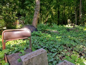 Wer mag vor Jahren auf diesem in der Erde eingesunken Stuhl getrauert haben - Dessau Friedhof 3