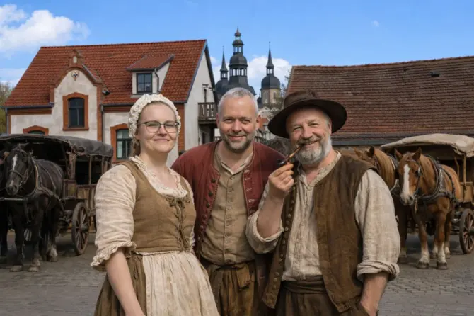 Nicky, Matthias und ich als Handwerker in historischer Kleidung vor der Altstadt von Eisleben mit Pferdekutschen