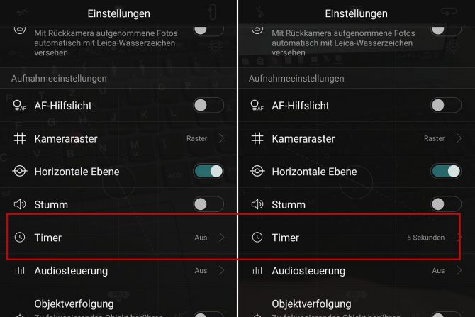 Timer-Einstellung an der Huawei P9 Foto-App